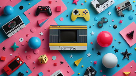 Retro video game console with toys on colorful background. 3d renderingの素材