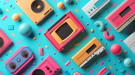Retro style 80s or 90s party background. 3d renderingの素材