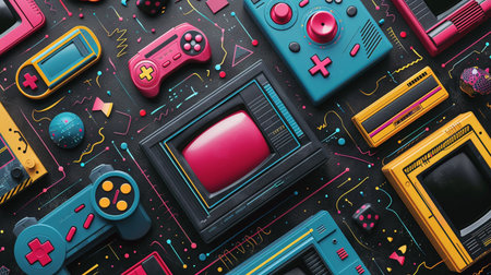 Retro video game consoles and retro video game controllers on black background. 3d illustrationの素材