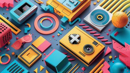 3d illustration of a geometric composition with colorful objects in the style of 80sの素材