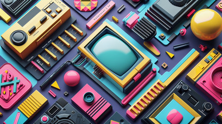 Top view of colorful retro media and technology objects isolated on blue backgroundの素材