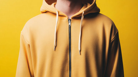 Man in a yellow hoodie on a yellow background. Close-up.の素材
