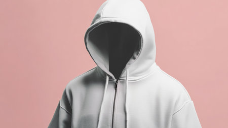 Unrecognizable man in a white hoodie on a pink backgroundの素材