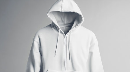 White hooded sweatshirt with a hood on a gray background.の素材