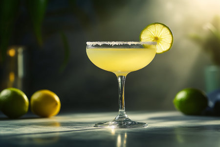 Classic margarita cocktail with lime on table in bar, closeupの素材