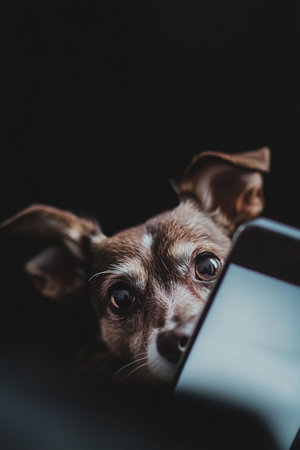 Miniature Chihuahua dog on a black background with a tabletの素材