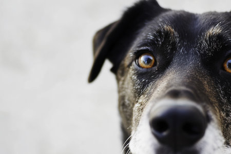 Close-up portrait of a black dog with blue eyes and brown hair.の素材