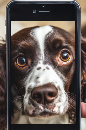 Cute English Springer Spaniel puppy looking out of mobile phone screenの素材