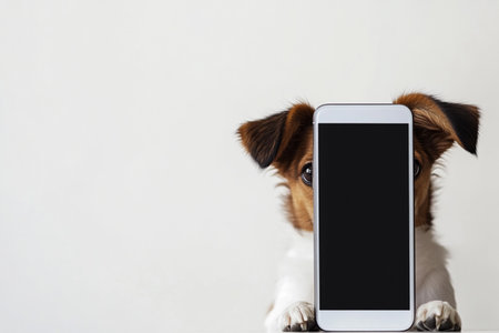 Jack russell terrier puppy with a phone on a white backgroundの素材