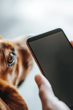 Close-up image of a dog with a smartphone in his hand.の素材