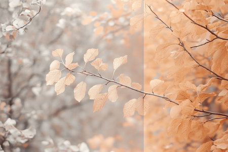 Autumn tree branch with yellow leaves. Fall background. sepia tonedの素材