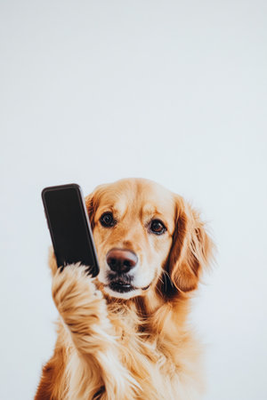 Golden Retriever dog with mobile phone on the white background.の素材