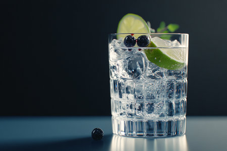 Cocktail with lime and blueberries on a black background.の素材