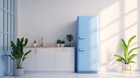 Interior of modern kitchen with white walls, tiled floor, white cupboards and blue fridge. 3d renderingの素材