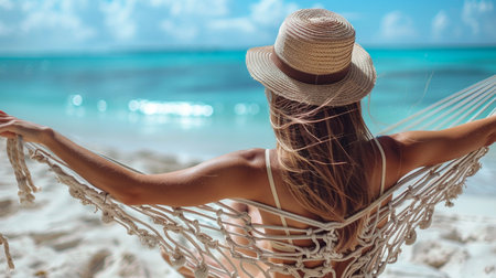 Woman relaxing in hammock on tropical beach. Vacation and travel conceptの素材