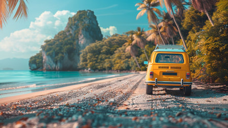 Vintage camper van on a tropical beach with palm trees and sea background.の素材