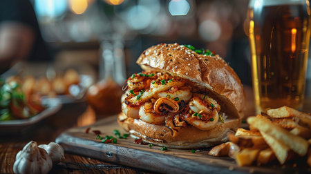 seafood burger with french fries and beer in a pub or restaurantの素材