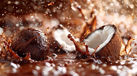 Chocolate splash close-up with drops and splashes on dark backgroundの素材