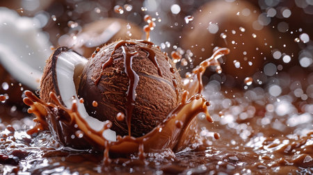 Splash of chocolate and coconut on wooden background, closeup viewの素材
