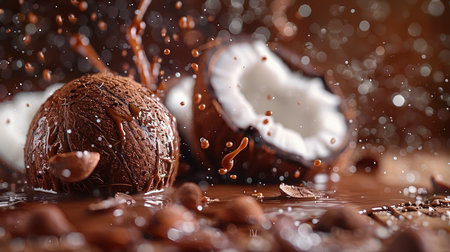 Coconut splashing in water, closeup. Coconut milk splashの素材