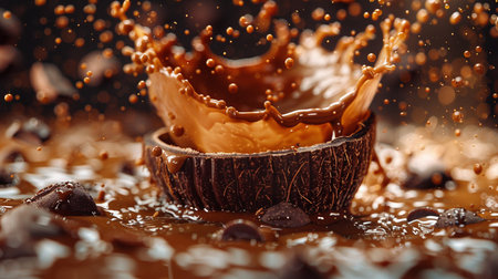 Chocolate truffles falling into the water with splashes.の素材