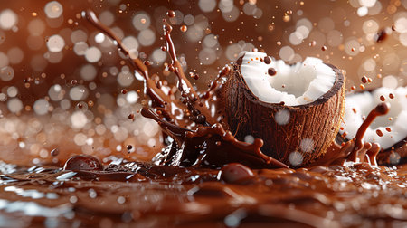 Coconut splashing into chocolate with splashes on dark backgroundの素材