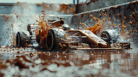 3d rendering of a race car in the mud with water splashesの素材