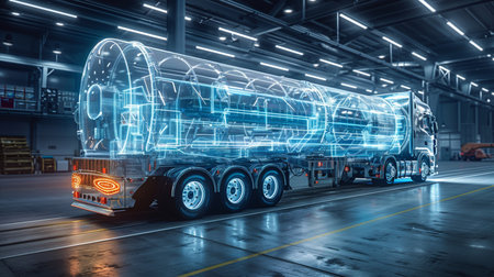 Future transportation and logistics concept. Double exposure of big modern semi-trailer truck with hologram of transport on the roadの素材