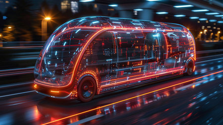 3d rendering of a car with neon lights on the road.の素材