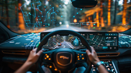 Close-up view of female hands on steering wheel of a car with map on the screenの素材
