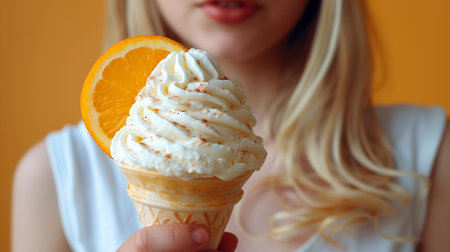 Close up of ice cream cone in hand of young woman on orange backgroundの素材