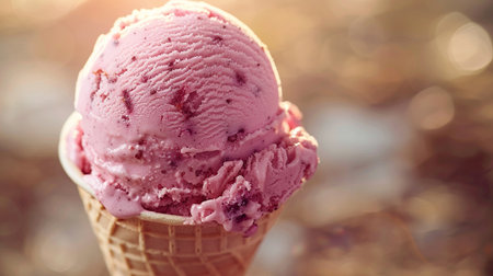 Close up of strawberry ice cream in waffle cone on blurred backgroundの素材