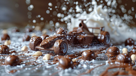 Chocolate car with milk and marshmallow on a wooden background.の素材