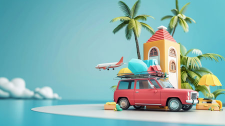 3d rendering of a car with luggage and a house on the beachの素材