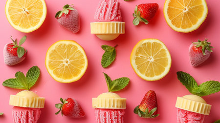 Delicious ice cream with lemon and strawberries on pink background, flat layの素材