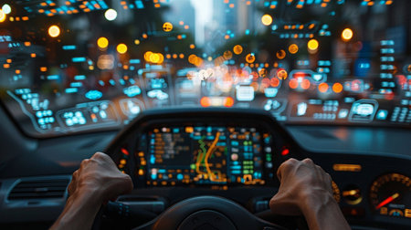 Man driving a car in the city at night. View from insideの素材