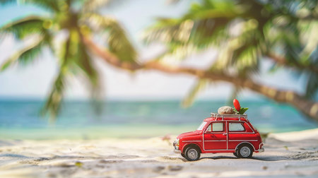 Miniature red car on tropical beach with palm tree. Travel holiday conceptの素材