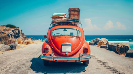 Vintage car with luggage on the road to the sea. Summer vacation concept.の素材