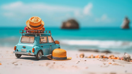 Miniature car with hat on tropical sandy beach. Travel and vacation conceptの素材