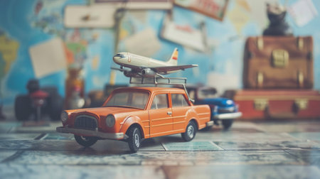 Vintage toy car on the background of the world map. travel conceptの素材