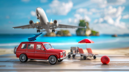 Miniature car and airplane on the beach. Travel and vacation conceptの素材