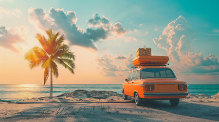 Vacation and travel concept. Retro car with luggage on beach at sunsetの素材
