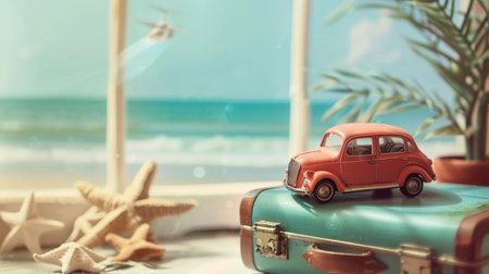 Vacation and travel concept with vintage suitcase and red car on the beachの素材