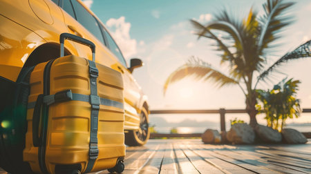Close up of yellow car with luggage on wooden deck with palm tree backgroundの素材