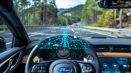 View from the driver's seat of a car with a map of the road.の素材