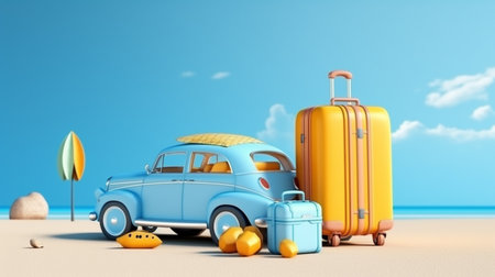 3d illustration of retro car and luggage on the beach with blue sky backgroundの素材
