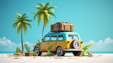 Vintage car with luggage on the beach. 3d illustration.の素材