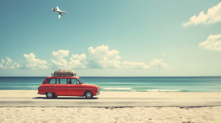Car with luggage on the beach. Travel and vacation concept. vintage toneの素材