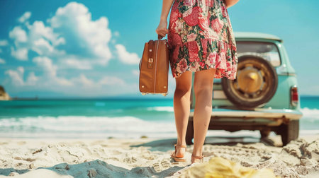 Woman with suitcase on carriageway in caribbean beachの素材