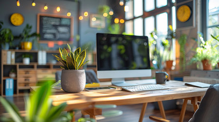 Workplace with computer, plant and coffee cup on wooden table.の素材